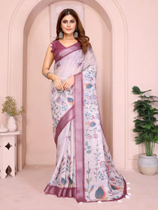 Elegant Linen Cotton Saree - Floral Festive Wear for Women