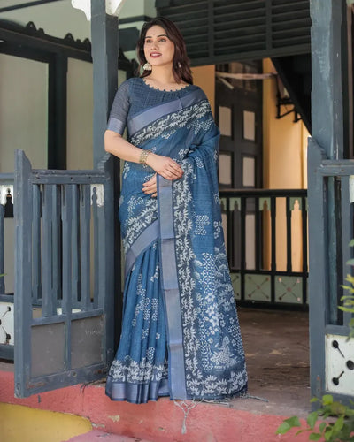 Elegant Linen Cotton Saree - Floral Festive Wear for Women