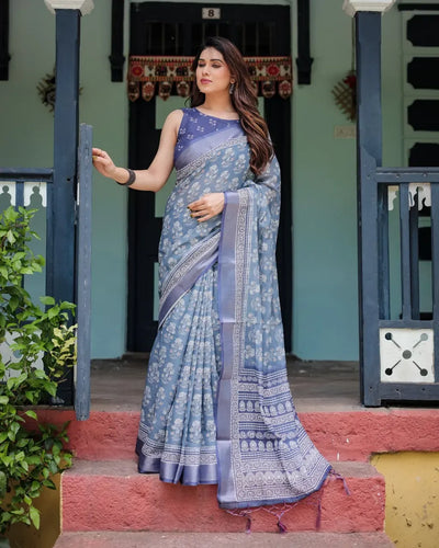 Elegant Linen Cotton Saree - Floral Festive Wear for Women