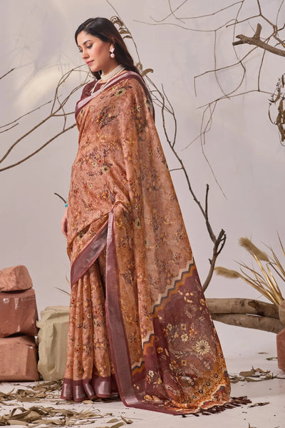 Elegant Linen Cotton Saree - Floral Festive Wear for Women