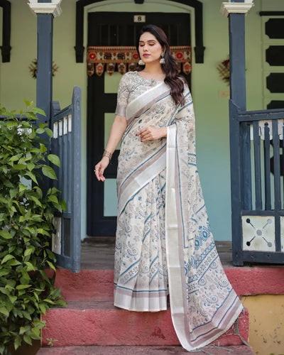 Elegant Linen Cotton Saree - Floral Paisley Print Festive Wear for Women