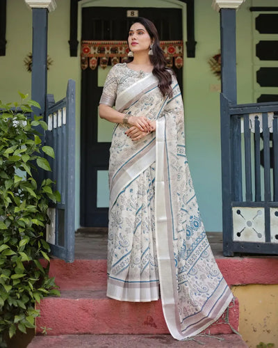 Elegant Linen Cotton Saree - Floral Paisley Print Festive Wear for Women