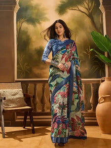 Elegant Linen Cotton Saree - Floral Print Festive Wear for Women