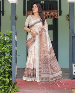 Elegant Linen Cotton Saree - Floral Print for Festive Wear