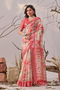Elegant Linen Cotton Saree - Floral Print with Patola Border Festive Wear
