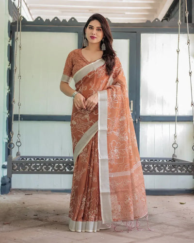 Elegant Linen Cotton Saree - Floral Printed Festive Wear for Women