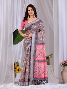Elegant Linen Cotton Saree - Floral Printed Festive Wear for Women