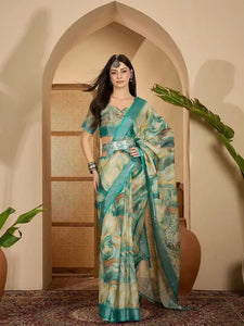 Elegant Linen Cotton Saree in Aqua Marble Digital Print - Festive Wear for Women