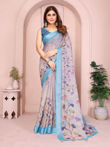 Elegant Linen Cotton Saree - Lightweight Floral Festive Wear