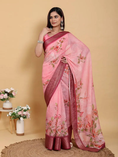 Elegant Linen Cotton Saree - Lightweight Floral Print Festive Wear for Women