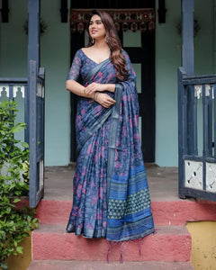Elegant Linen Cotton Saree - Lightweight Floral Print Festive Wear for Women
