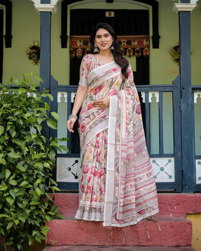 Elegant Linen Cotton Saree - Lightweight Floral Print with Silver Zari Border for Festive Wear