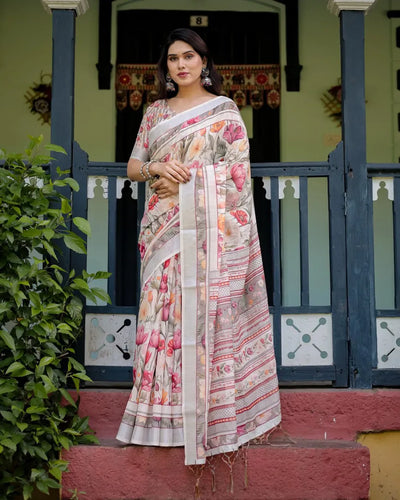 Elegant Linen Cotton Saree - Lightweight Floral Print with Silver Zari Border for Festive Wear