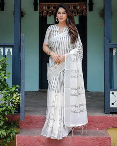 Elegant Linen Cotton Saree - Lightweight Stripe Print Festive Wear for Women