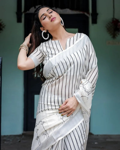 Elegant Linen Cotton Saree - Lightweight Stripe Print Festive Wear for Women