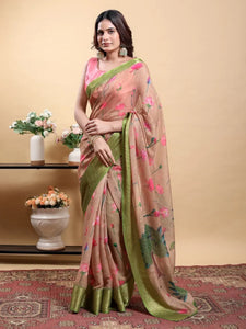 Elegant Linen Cotton Saree - Lotus Print & Zari Border for Festive Wear