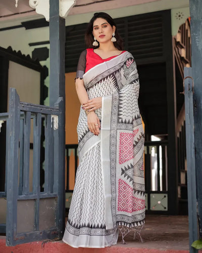 Elegant Linen Cotton Saree - Modern Zigzag Print for Festive Wear