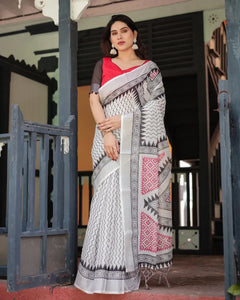 Elegant Linen Cotton Saree - Modern Zigzag Print for Festive Wear