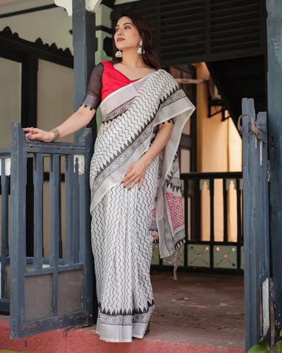 Elegant Linen Cotton Saree - Modern Zigzag Print for Festive Wear