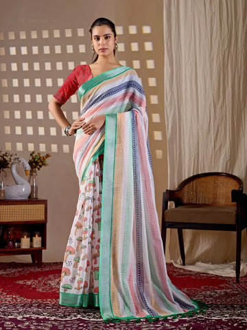 Elegant Linen Cotton Saree - Multicolor Stripe & Printed Pallu Festive Wear for Women