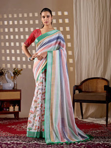 Elegant Linen Cotton Saree - Multicolor Stripes & Festive Wear for Women