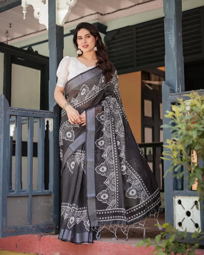 Elegant Linen Cotton Saree - Ornamental Mandala Print Festive Wear for Women