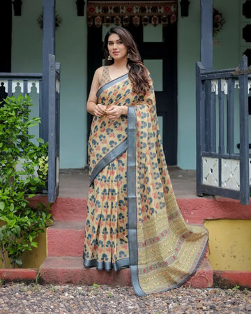 Elegant Linen Cotton Saree - Premium Floral Printed Daily & Festive Wear for Women