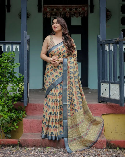 Elegant Linen Cotton Saree - Premium Floral Printed Daily & Festive Wear for Women