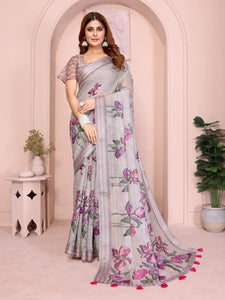 Elegant Linen Cotton Saree - Purple Floral Festive Wear