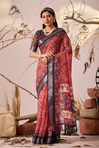 Elegant Linen Cotton Saree - Royal Patola Border Festive Wear