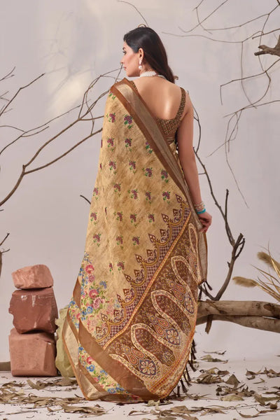 Elegant Linen Cotton Saree - Stunning Digital Floral Print Festive Wear for Women