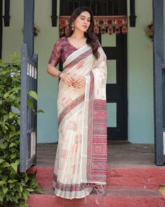 Elegant Linen Cotton Saree - Tribal Geometric Print Festive Wear for Women