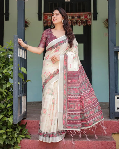 Elegant Linen Cotton Saree - Tribal Geometric Print Festive Wear for Women