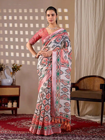 Elegant Linen Cotton Saree - Tribal Geometric Print Festive Wear for Women