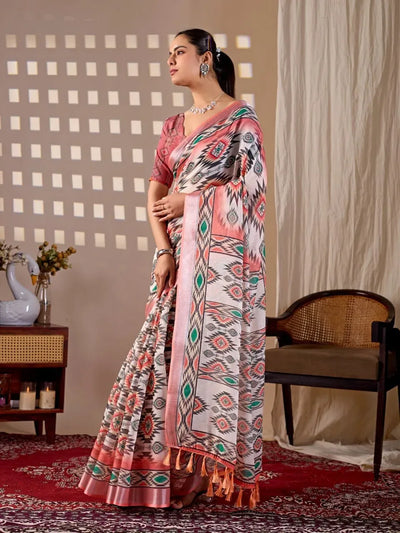 Elegant Linen Cotton Saree - Tribal Geometric Print Festive Wear for Women
