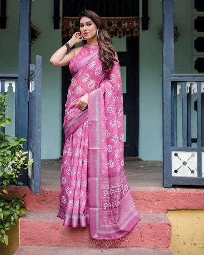Elegant Linen Cotton Saree - Vibrant Floral Festive Wear