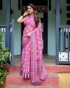 Elegant Linen Cotton Saree - Vibrant Floral Festive Wear