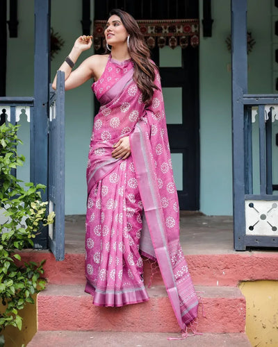 Elegant Linen Cotton Saree - Vibrant Floral Festive Wear