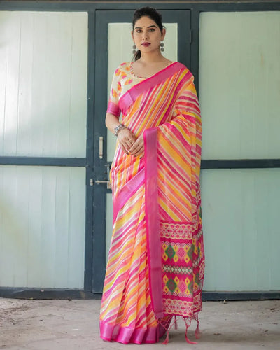 Elegant Linen Cotton Saree - Vibrant Leheriya Stripe & Ikat Pallu Festive Wear for Women