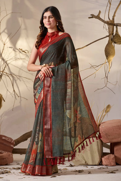 Elegant Linen Cotton Saree with Artistic Floral Print & Tassels - Festive Wear for Women