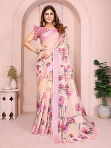 Elegant Linen Cotton Saree with Blooming Floral Design - Festive Wear for Women