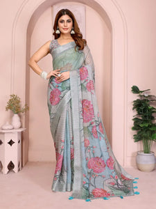 Elegant Linen Cotton Saree with Bold Floral Prints for Festive Wear