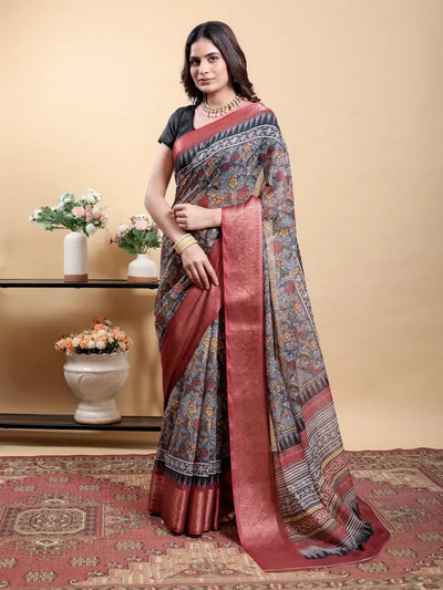Elegant Linen Cotton Saree with Contrast Maroon Zari Border - Traditional Festive Wear for Women
