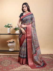Elegant Linen Cotton Saree with Contrast Maroon Zari Border - Traditional Festive Wear for Women