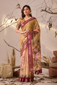 Elegant Linen Cotton Saree with Digital Floral Print & Patola Border - Festive Wear for Women