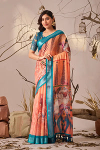 Elegant Linen Cotton Saree with Digital Floral Print & Patola Border for Festive Wear