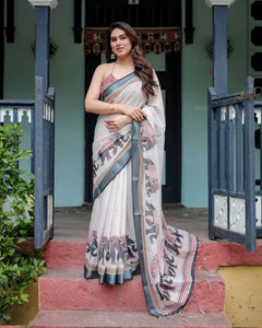 Elegant Linen Cotton Saree with Elephant Print - Lightweight Festive Wear for Women
