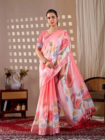 Elegant Linen Cotton Saree with Floral Digital Print - Festive Wear for Women