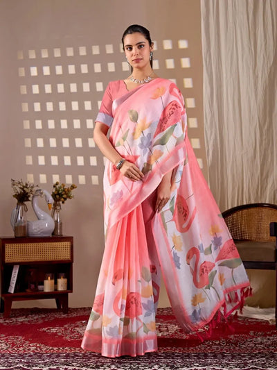 Elegant Linen Cotton Saree with Floral Digital Print - Festive Wear for Women