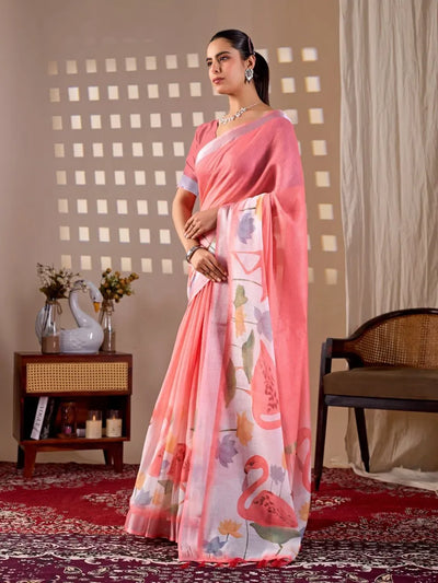 Elegant Linen Cotton Saree with Floral Digital Print - Festive Wear for Women